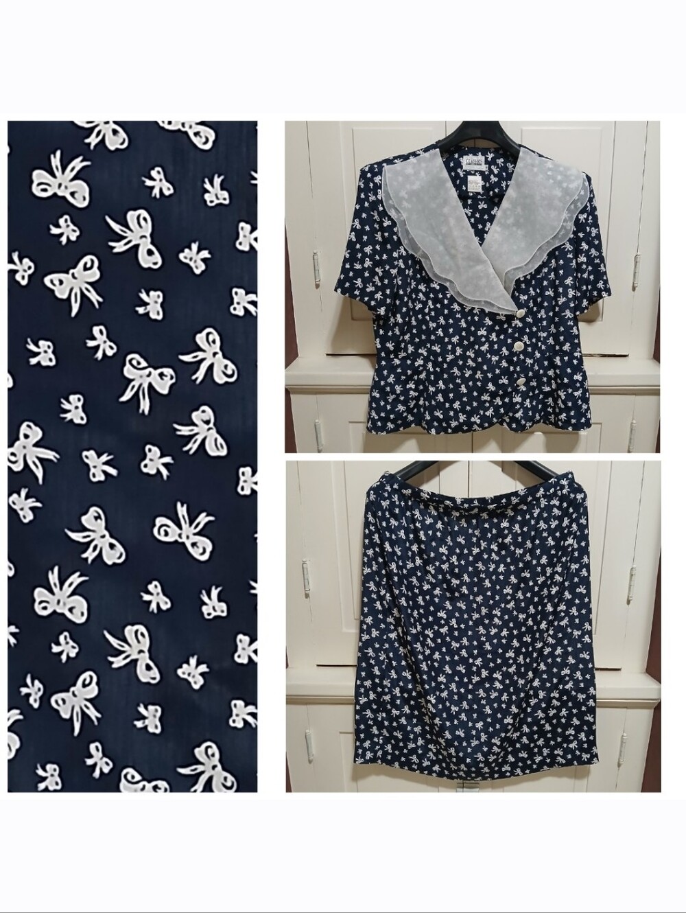 Vintage Leslie Fay Size 18 Navy Blue Pattern White Bow Blouse Top Skirt Set